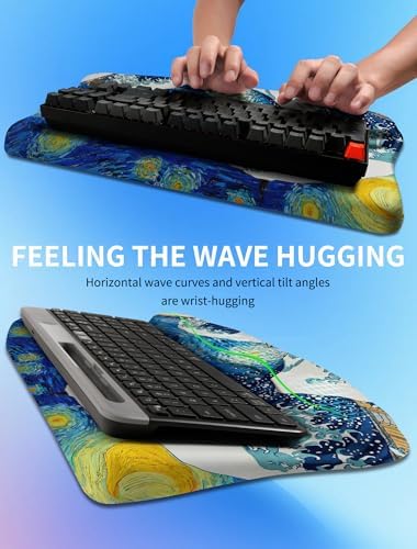 Ergonomic Wave Wrist Rest with Keyboard Stand, Cushioned Palm Rest, Comfortable Integrated Memory Foam for Natural Typing and Relieve Wrist Pain, Starry Night Waves