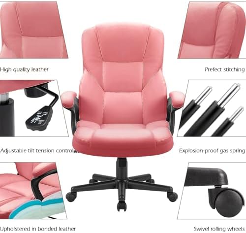 Furmax Office Executive Chair High Back Adjustable Managerial Home Desk Chair, Swivel Computer PU Leather Chair with Lumbar Support (1, Pink)