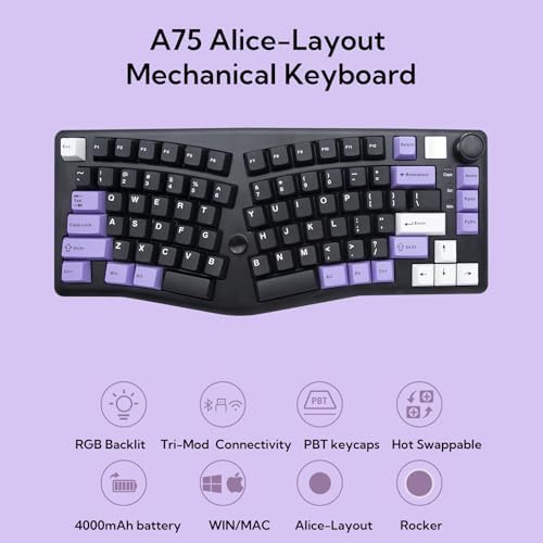 A75 Alice-Layout Mechanical Keyboard with Rocker and Knob,Hot Swappable Triple Mode Gaming Keyboard with Cute Cat Keycaps for Win/Mac,Gasket,RGB Backlight,4000mAh Battery (Black Purple)