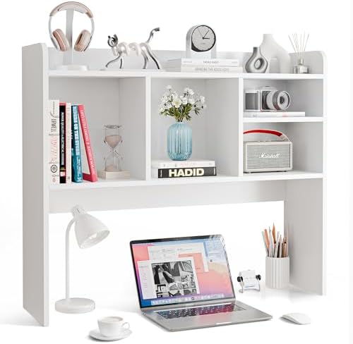 Nova Microdermabrasion Wooden Desktop Bookshelf with 6 Shelves–3-Tier Desk Organizer Hutch for Computer Desk, Home or Office (White)