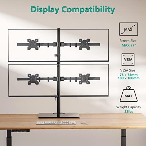 WALI Freestanding Quad Monitor Mount for 17-27 Inch Screens, Fully Adjustable 4 Monitor Stand with Swivel, Tilt, Rotation, Glass Base, Max Load 22 lbs per Arm (GMF004), Black