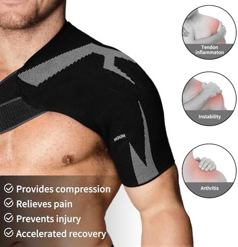 HOUM Rotator Cuff Shoulder Brace with Adjustable Compression Sleeve, Hot/Cold Pack Compatible, Breathable Shoulder Support for Pain Relief, Fits Left/Right Arm, Men & Women (Medium)
