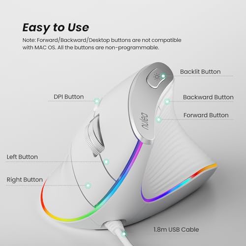 Nulea M504 Wired Vertical Mouse, USB Ergonomic Optical Mouse with 4 Adjustable DPI, 11 RGB Backlight Modes, Compatible for Laptop, PC, Desktop, Mac, White