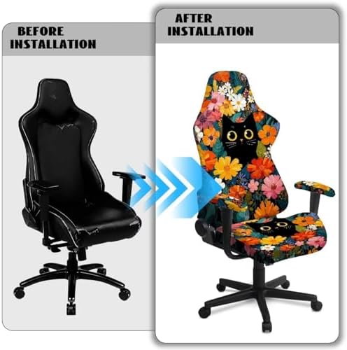 Cat Floral Print Gaming Chair Cover with Armrest Covers Non Slip Universal Furniture Protector Stretchable Anti Scratch Gamer Chair Slipcover