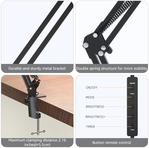 Upgrade Swing Arm LED Desk Lamp with Clamp, 80 LED Beads, 5 Color Modes & 11 Brightness Levels, 360° Adjustable Arm, Eye-Caring Light CRI95, Timer & Memory Function, for Office, Study, Crafting