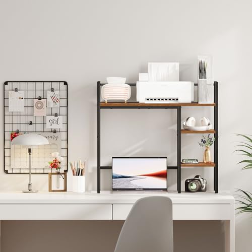 Snughome Desk Shelf, 31.9" Desktop Organizer Shelf, Desk Hutch for Computer Monitor, 4 Tier Desk Top Display Rack, Wood Desktop Bookshelf Storage Rack for Home Office Dorm, Rustic Brown