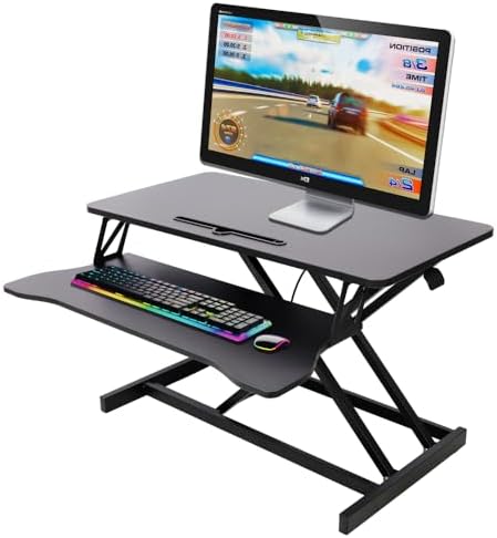 Height Adjustable Standing Desk Converter, White, MDF Steel Frame, 31.5x17 Inch Desktop, Gas Spring Lift System, Keyboard Tray, Sit Stand Workstation, 44 lb Capacity (Black)