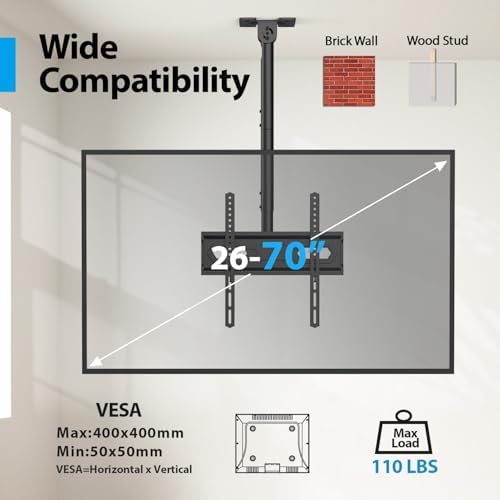 USX STAR Ceiling TV Mount for 26-65 inch Flat Screen Displays, Adjustable Ceiling TV Bracket Fits Most LCD LED OLED TVs, 14.96Inch Single Extended Mounting Pole, Holds up to 110lbs, Max VESA 400x400mm
