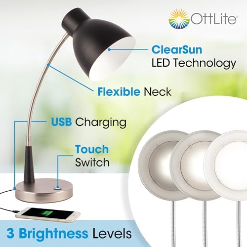 OttLite Adjust LED Desk Lamp with USB Port, Black and Silver