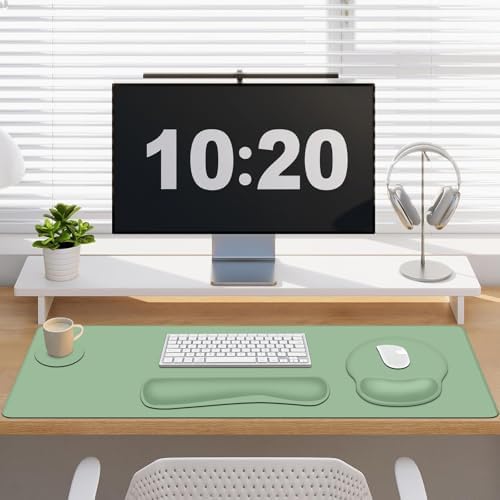4 PCS Mouse Pad Desk Mat Protector, Keyboard Wrist Rest + Comfortable Mouse Pad with Wrist Rest +Coaster, Large Gaming Mousepad for Computer Laptop, 35.4" X15.7" Deskpad for Office Home I Sage Green