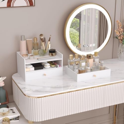Bamboo Desk Organizer with Drawers,Wooden Desktop Storage(2 Drawers,White)