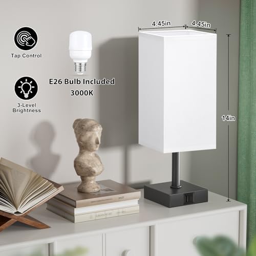 Touch Table Lamp for Bedroom - Dimmable, USB C+A, White Lamphade Black Base