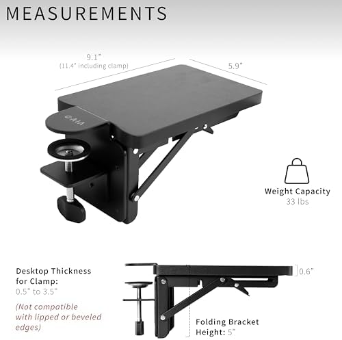 VIVO Clamp-on 6 x 9 inch (11 Including Clamps) Desk Extender, Wrist Support, Armrest Tray, Table Mount for Sit Stand Desks, Black, DESK-EXT09