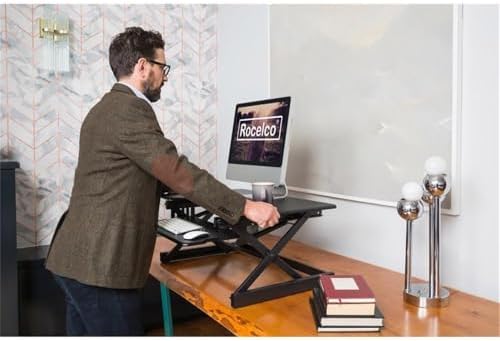 Rocelco 38" Large Height Adjustable Standing Desk Converter - Quick Sit Stand Up Dual Monitor Riser - Gas Spring Assist Tabletop Computer Workstation - Retractable Keyboard Tray - Black (R DADRB-38)