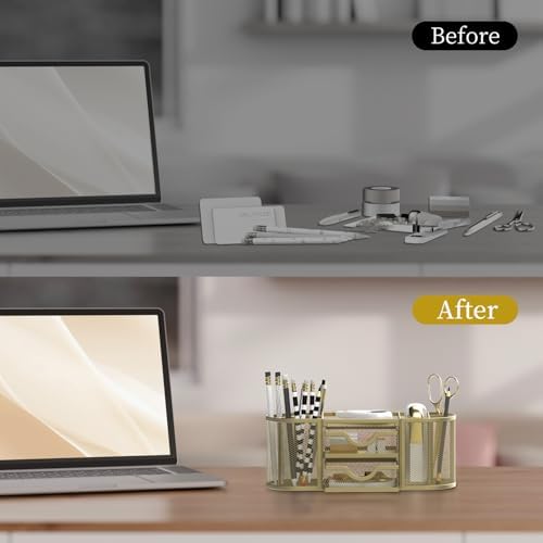 SUPEASY Mesh Desk Organizer, Pen Holder for Desk with 2 Drawers, Yellow