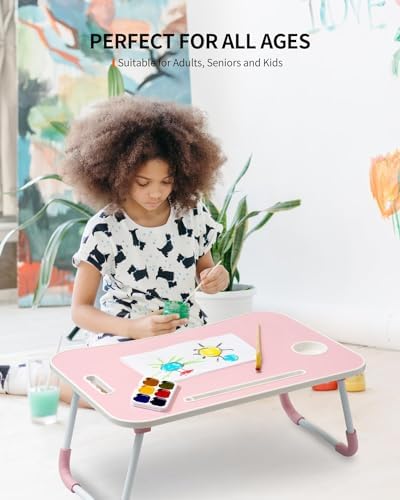 FISYOD Foldable Laptop Table, Portable Lap Desk Bed Table Tray, Laptop Stand with Cup Holder & Tablet Slot & Lifting Handle for Working Writing Drawing & Eating (Light Pink)