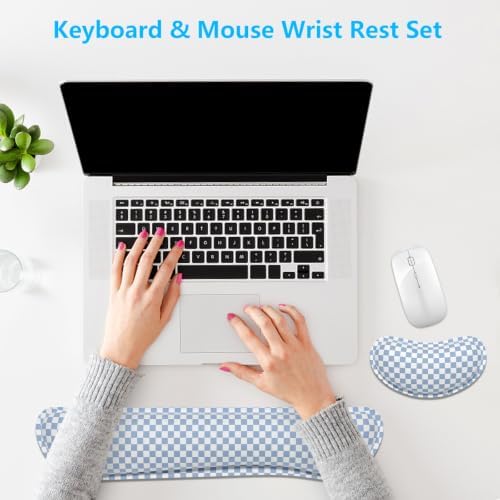 Dapesuom Enlarge Keyboard Wrist Rest, Memory Foam Wrist Cushion for Support, Cute Typing Pain Relief Keyboard Mouse Pad Rests Set with Non-Slip Base for Gaming Laptop Office Computer, Blue Grey
