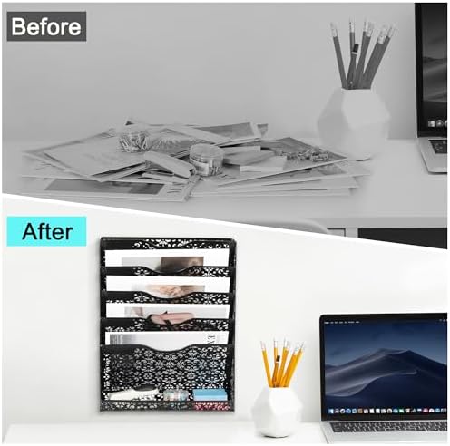 EasyPAG Desk File Organizer Heavy Duty Metal Wall Mount File Holder 5 Tier Mail Paper Folder Holder with Bottom Tray for Office Home Cubicle Countertop, Black