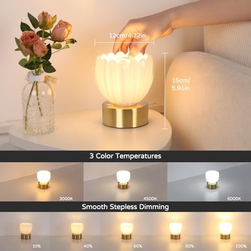 Shenmoyl Cordless Small Table Lamp with 5200mAh Battery & Touch Control, Battery Operated Tulip Table Lamp with 3 Colors, Rechargeable Mini Table Lamps for Bedsides, Bedroom, Nightstand (White)