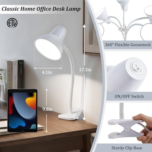 Clip On LED Desk Lamp, Flexible Arm, Eye-Caring Study Lamps for School Dorm