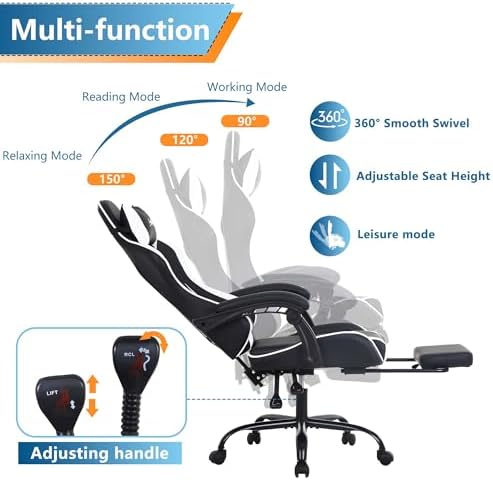 PayLessHere Ergonomic Racing Desk Chair Computer Chair Gaming Chair with Footrest Lumbar Support Headrest Armrest Task Rolling Swivel Ergonomic E-Sports Adjustable PC Gamer Chair, White