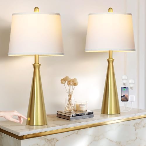 Rinweey 28" Modern Gold Touch Table Lamp Set of 2 for Living Room,Gold Bedside Lamps with USB A+C Ports - Gold Metal Table Lamp Set for Nightstand, End Table - 2 Bulbs Included