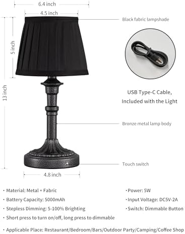 KDG Mottled Silver Cordless Table Lamps Set of 2, Black Fabric Shade Light