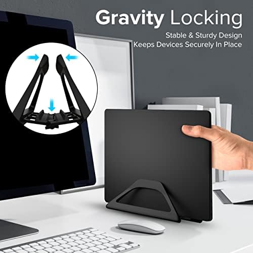 Elestoria Aluminum Vertical Laptop Stand with Gravity Auto-Lock – Adjustable Laptop Holder Vertical fits MacBook Pro/Air, Chromebook & Gaming Laptops up to 17.3" – Space-Saving Desktop Dock - Black