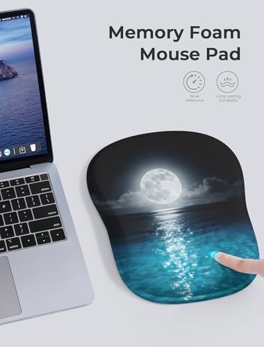 Blue Ocean and Moon Aesthetic Ergonomic Mouse Pad for Carpal Tunnel Pain Relief, 65% Usable Mouse Area, Memory Foam Concave Wrist Rest for Office, PC, Gaming