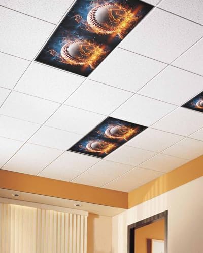 Baseball Magnetic Fluorescent Light Covers for Ceiling Lights 2 x 4 Feet,Sports Theme Gradient Orange Blue Black Office Classroom Kitchen Drop Ceiling Light Covers Lighting Filters Shade Panel 4 Packs