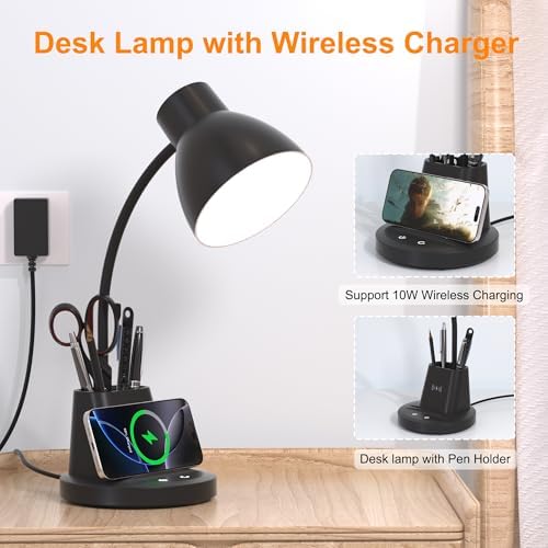 10W Wireless Charging LED Desk Lamp with Pen Holder, CRI 95, Black