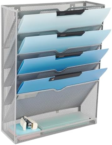 EASEPRES 6 Tier Mesh Hanging Wall File Organizer, Desk Vertical Mail Paper Document Folder Holder Rack with Bottom Tray and Nametag Label for Office Home School, Gray