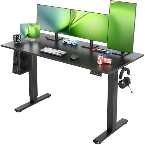 Seang Electric Standing Desk Adjustable Height, 55 x 24 Inch Sit Stand Desk with T-Shaped Frame, 3 Memory Presets & Cable Management for Home Office Computer Workstation, Black Frame/Black Top