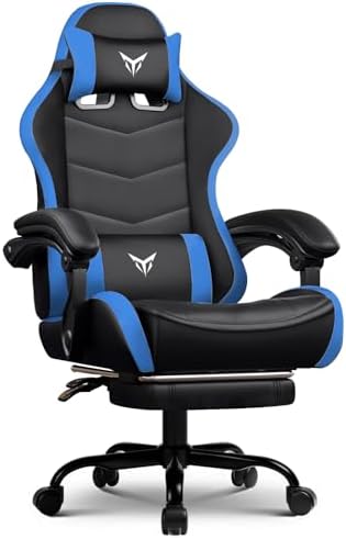 GTPLAYER Gaming Chair High Back Computer Chairs with Foot Rest for Adults, Ergonomic Height Adjustable Recliner Chair 300lbs with Linkage Armrest and Lumbar Support for Home Office, Blue