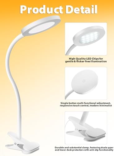 White Clip On Reading Light, 450LM Book Light, CRI95, 3 Modes Stepless Dim