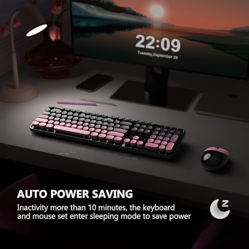 MOFII Wireless Keyboard and Mouse Combo, 2.4 GHz Full-Size Retro Round Keyboard and Mouse, Plug and Play, 8 Multimedia & Shortcut Keys for Mac, Windows, Laptop/Desktop/PC - Pink Gradient