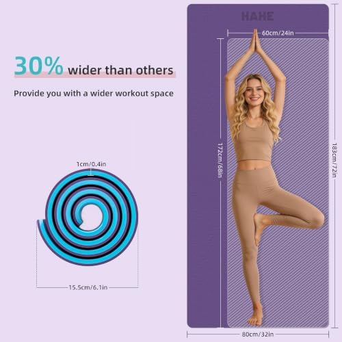 HAHE Wide Yoga Mat 72"x32"x0.4" Thick Pilates Mat with Carrying Strap