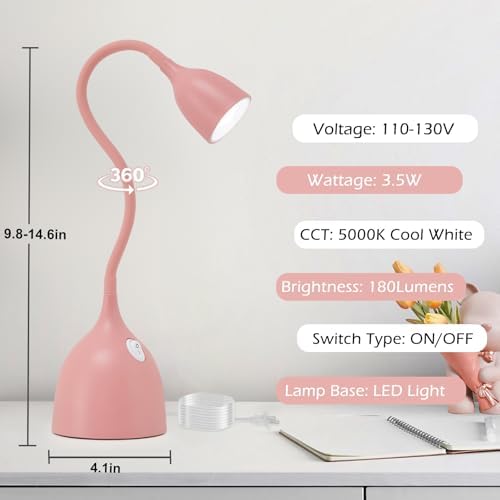 EJIAXIN Desk Lamp for College Dorm Room - LED Reading Light, Pink