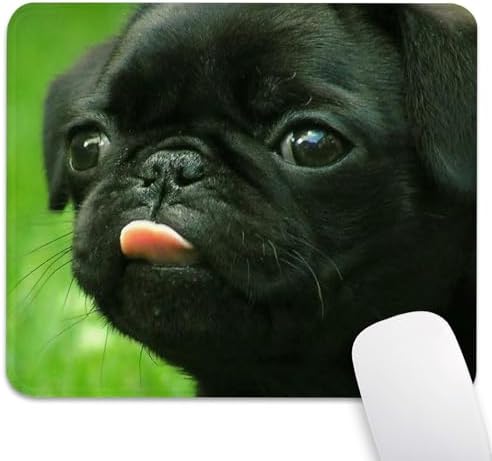 Cute Black Pug Puppy Tongue Out Close-Up Mouse Pad, Dog Stitched Desk Mat