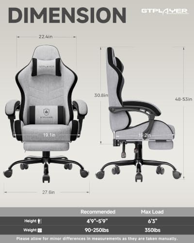 GTPLAYER Gaming Chair for Adults, Computer Chair with Footrest, Grey