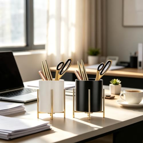 Sturdy Pen Holder Simple and elegant for Desk Matte Pencil Holder Ceramic Cute Desktop Organizer Brush Holder Cup (Black and Gold Plated)