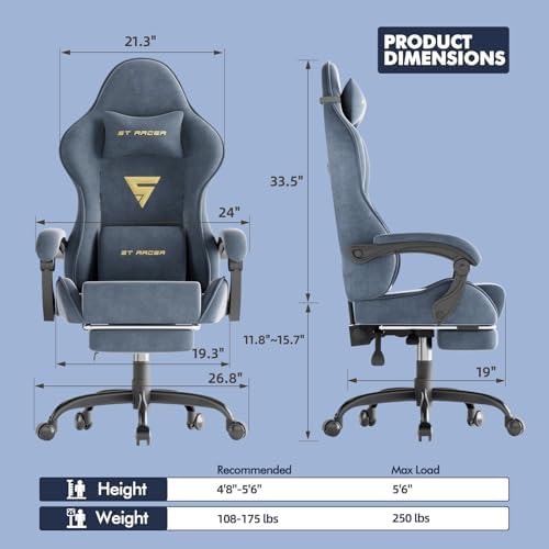 Soontrans Grey Velvet Gaming Chair with Footrest, Ergonomic Reclining Computer Desk Chair, Massage Lumbar Cushion & Headrest, Comfortable Video Game Chair for Adults