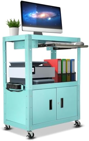 Auto Dynasty Rolling AV Cart, Height Adjustable with Lock Storage, Sky Blue