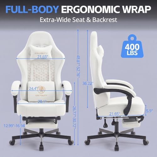 Gaming Chair Breathable Leather with Pocket Spring Cushion, Wide and High Ergonomic Office Chair with Headrest, Computer Gaming Chair with Footrest for Adult and Teen (White)