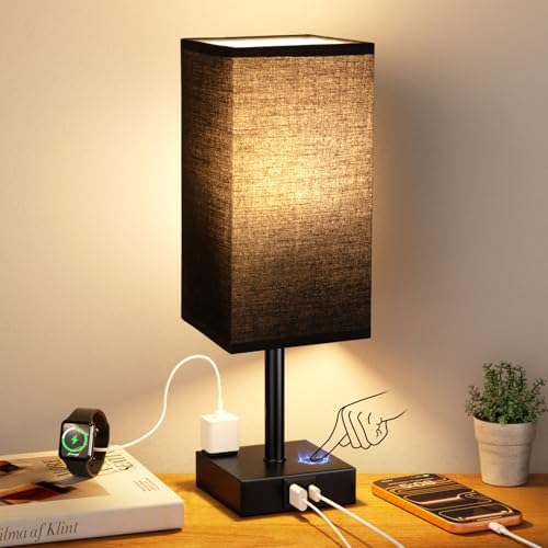 3000K Black Table Lamp for Bedroom - Dimmable Touch, USB C+A, AC Outlet