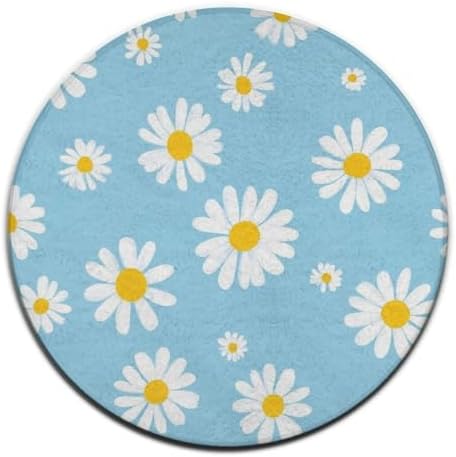 Large Home Decor Mat, Soft Round Yoga Carpet, Non Slip Machine Washable Kitchen Office Circle Rug Sky Blue White Daisy Flowers