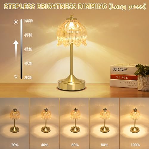 Cordless Table Lamp, Rechargeable Amber Glass Lotus Flower Lamp