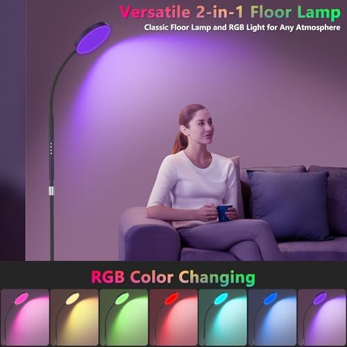 PACOVY Floor Lamp, Adjustable Height Floor Lamps for Living Room Bedroom, 120 LED Super Bright Standing Lamp Remote &Touch Control Dimmable Gooseneck Tall Stand Reading Lamp for Office Craft Black-RGB