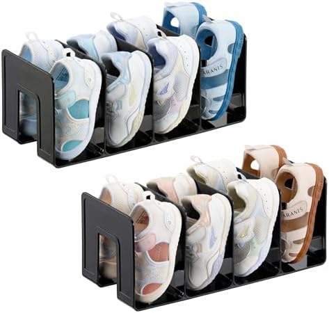 HBlife Black Acrylic Kids Shoe Rack for Closet Organizers and Storage, Small Shoe Rack 4 Sections Toddler Baby Shoe Storage Organizer Stackable Shoe Shelf,Desk File Sorter Book Purse Organizer(2 Pack)