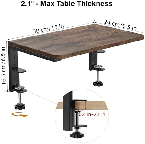 Desk Extender, 15-inch Clamp-On Desk Shelf, Height-Adjustable Desktop Shelf Organizer for Monitors Office and Gaming Accessories, Arm Support Table Extension, 44lbs Heavy Duty, Dark Brown